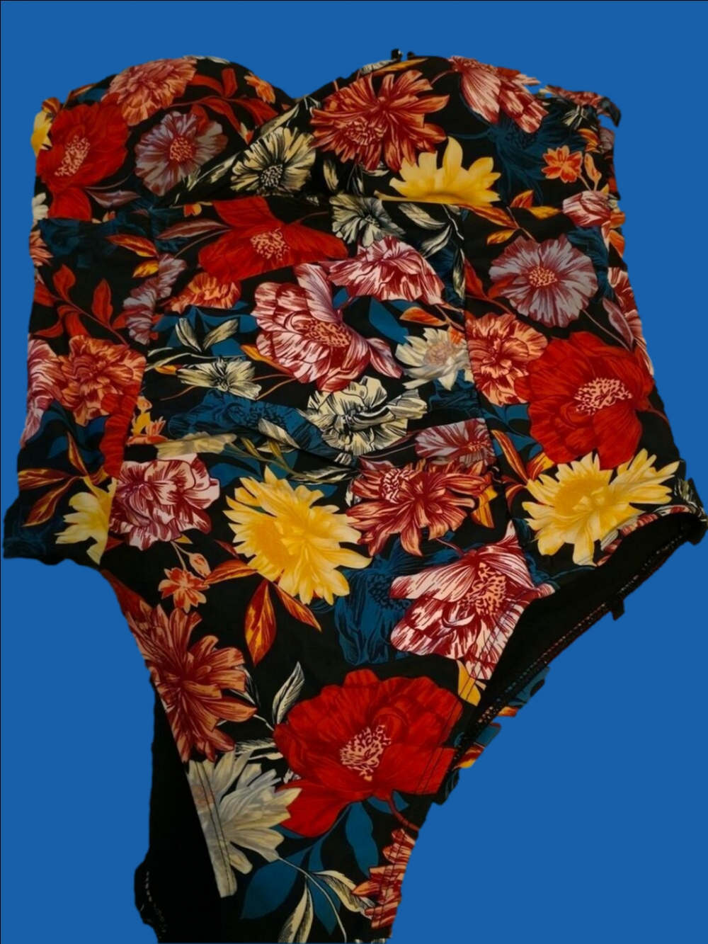 4/$25 Deal! Black Floral One-Piece Swimsuit with Red, Yellow & Blue Flowers